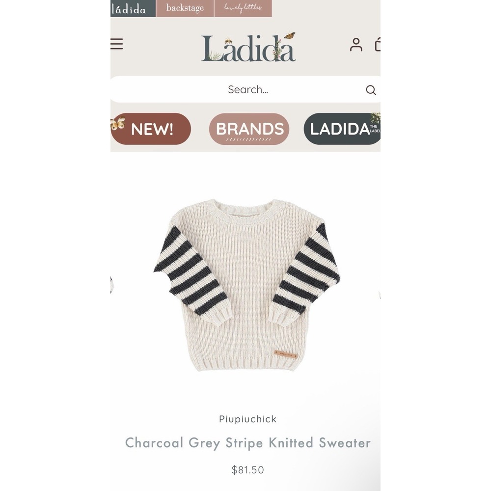 Piupiuchick Sweater Kids 10Y Cream Gray Striped 100%Organic Cotton Knit Crewneck - Picture 9 of 9